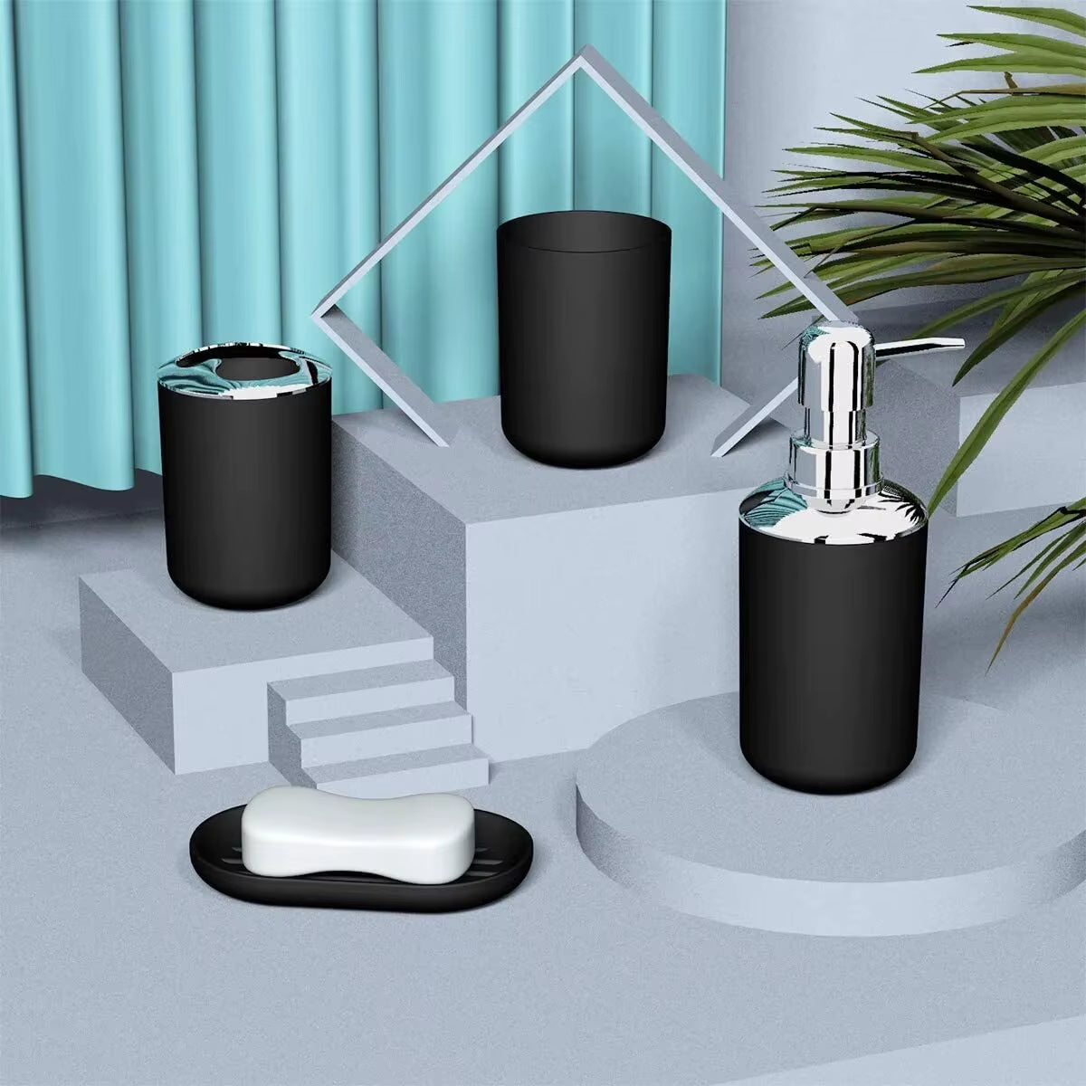 6PCS Black Plastic Bathroom Items Toothbrush Holder Soap Box Toilet Brush Bathroom Storage and Toiletry Set