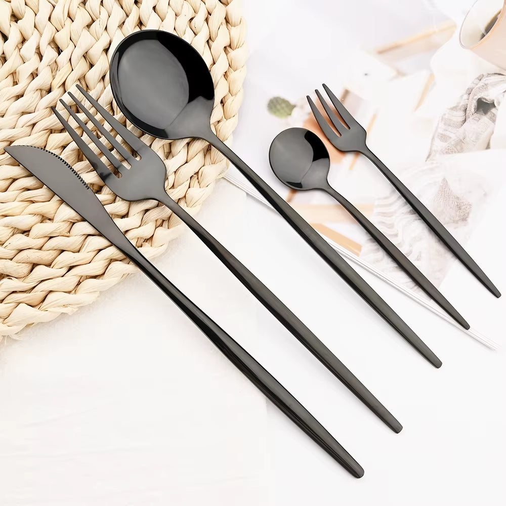 30Pcs Black Dinnerware Set Knife Cake Fork Spoon Cutlery Set Stainless Steel Tableware Kitchen Flatware Silverware Drop Shipping