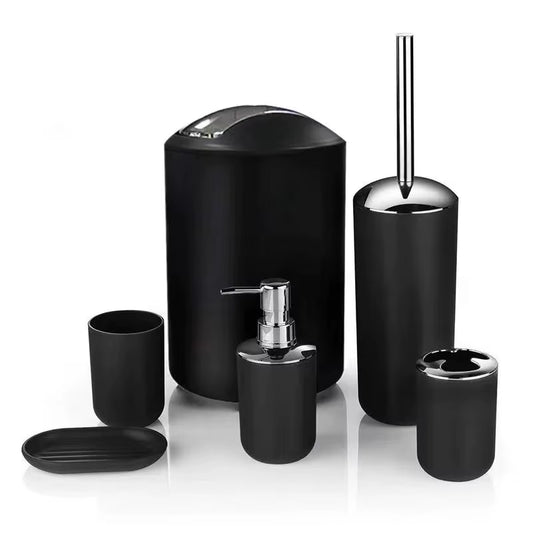 6PCS Black Plastic Bathroom Items Toothbrush Holder Soap Box Toilet Brush Bathroom Storage and Toiletry Set
